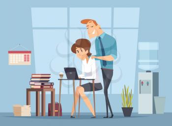 Office harassment. Sexual molestation on workplace. Leader and female worker, management vector illustration. Harassment female at workplace, work problem