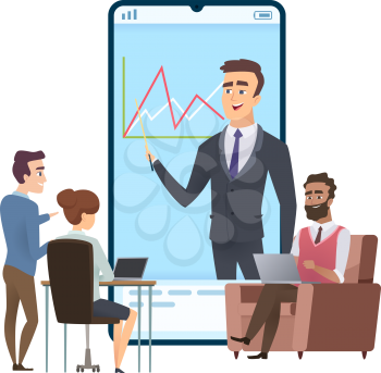 Online business education. Management training, people watch presentation. Man woman learning with laptop vector illustration. Business education and training online