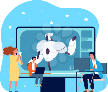 Robot is broadcasting live. Android business training, staff coaching. Online school or adult courses vector concept. Robot machine futuristic learn modern illustration