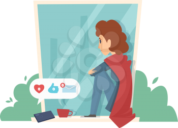 Sad woman on windowsill. Social media addiction, no messages. Depressive girl vector illustration. Woman social media, problem and depression