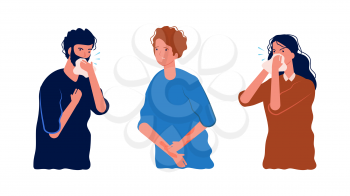 Seasonal allergy. Allergic people, scratching skin, coughing and sneezing. Isolated ill man woman vector illustration. Allergic people, sick and disease character
