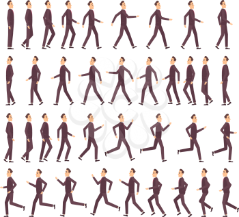Running man. Businessman fast running keyframe animation 2d cartoon flat sprite for game profile side view vector character. People animation run, movement and action character loop illustration