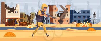 Army soldier. Military background man with ammunition and gun warrior attack vector cartoon character. Army warrior with gun run to attack illustration
