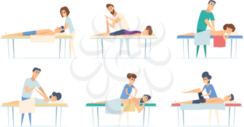 Massage therapy. Spa relax physiotherapy procedure remedial massage injury sport stretching doctor vector cartoon illustrations. Therapy spa procedure, therapist and massage