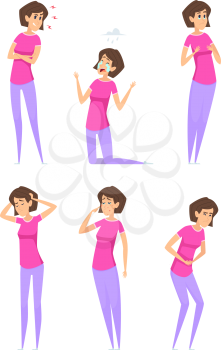 Pms symptoms. Woman cycles monthly periodical pain of female medical syndrome cup bloat vector characters. Pms period menstruation, problem and syndrome female cycle illustration