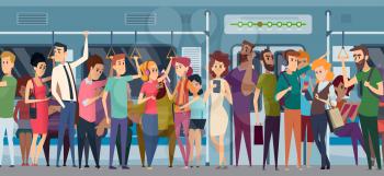 Subway rush hour. Crowd in urban metro daily rushing people going to the work travellers in train with phone and books vector cartoon characters. Illustration crowd metro city, public transport subway