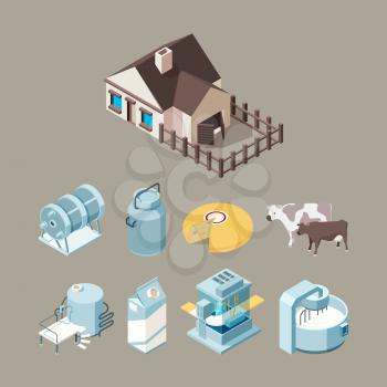 Milk food factory. Dairy healthy farm products cheese milk yogurt production technology vector isometric. Illustration industry farm factory milk and dairy fresh