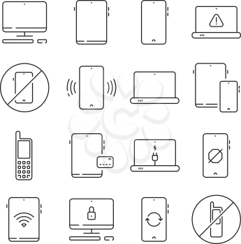 Mobile devices. Mobility equipment electronic gadgets vector collection set thin line icon. Mobile device, tablet and computer, phone screen or monitor display illustration