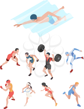 Sport players. Isometric characters peoples playing olympic games football volleyball ski tennis runners jumpers vector persons. Illustration sport skating, character football and olympian game runner