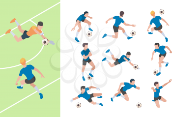 Soccer characters. Isometric athletics persons football players sprinting on field vector 3d people. Soccer athlete, goalkeeper isometric, player team illustration