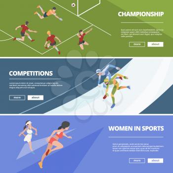 Sport banners. Olympic games athletes in action poses gymnastic jumpers runners soccer players vector isometric people. Sport skating, championship olympian, activity competition olympic illustration
