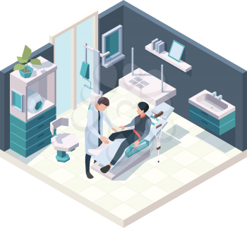 Patient in hospital. Emergency first injury room health adults persons nurse and doctors vector medical illustration isometric interior. Emergency medical care, doctor in clinic do aid