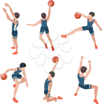 Basketball players. Sport athletes playing in active games with ball healthy lifestyle vector isometric people. Illustration game player basketball