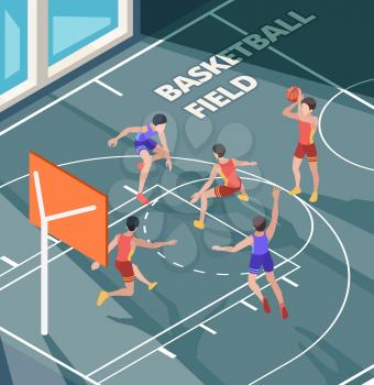 Basketball field. Sport club active game players in action poses orange ball on court or floor vector isometric characters. Basketball play in court field, game with ball illustration