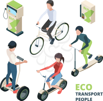 ECO transport people. 3D bicycle electric car urban vehicle bike segway vector isometric illustrations. Isometric scooter, street friendly vehicle, ecologic bicycle