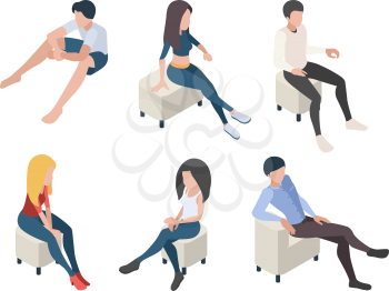 Sitting people. Characters in couch armchairs humans male and female persons in relax poses vector isometric. Illustration people sit couch, man guy sitting