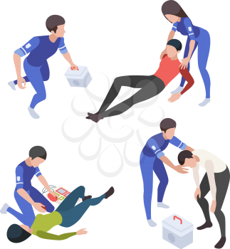 Medical people. Ambulance service reanimation nurse medical personal vector isometric characters healthcare set. Emergency reanimation, medicine doctor, first help illustration