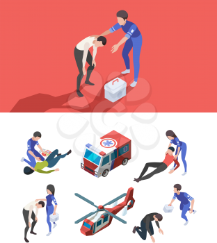 Ambulance personal. Reanimation medical service characters healthcare isometric medicine items vector cars. Ambulance reanimation, medicine first help illustration