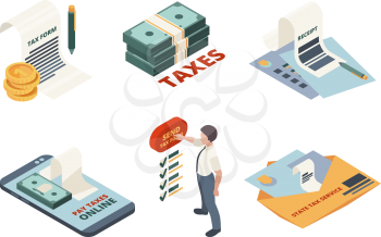 Tax payment isometric. Legal service online invoice accountant declaration tax return vector concept pictures. Tax service accounting, payment document, invoice taxation illustration