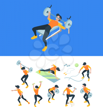Gym training. Fitness workout people making sport exercises muscle athletes vector isometric illustrations. Cardio workout, fitness man healthy, making weightlifting