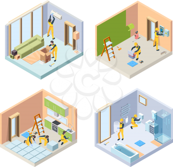 Repair isometric. Renovate floor painting walls repair bathroom house rooms vector illustrations people. Isometric remodeling and renovation, painting and tile