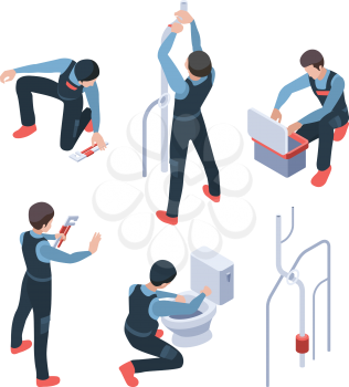 Plumber service isometric. Repair bathroom fixing washroom and toilet systems making pipeline vector illustration. Plumber isometric, toilet fixing