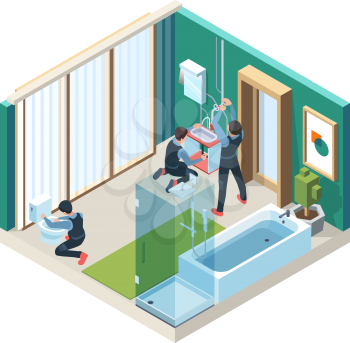 Repair bathroom. Plumber workers install pipelines in washing room vector concept pictures isometric. Plumber isometric handyman, craftsman installing, sanitary industry illustration