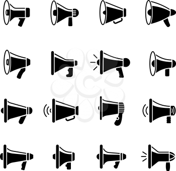 Loud speaker icons. Megaphone silhouettes announcement vector symbols collection set. Collection loudspeaker and megaphone, communication speaker audio illustration
