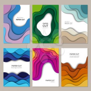 Paper cut banners. Vector abstract origami cutting waves with shadows decoration frames vector brochure layout. Papercut geometric multi, origami carving brochure illustration
