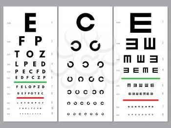 Eyes charts. Ophthalmology vision test alphabet and letters optical alphabet letters vector set. Medical ophthalmology test, health chart eyesight illustration