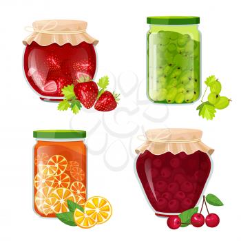 Jam jars. Marmalade sugar healthy fruits dessert in pot jamming strawberry kiwi cherries vector cartoon collection. Jam sugar dessert, healthy marmalade preserve illustration