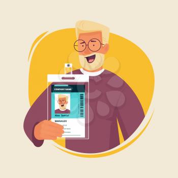 Office manager with id card. Businessman presenting personal badge passport entrance document staff numbers vector character. Id card badge, identity employee corporate company illustration