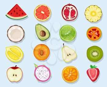Half fruits circle icons. Cute cartoon healthy vegan natural products plants food orange lemon apple vector clipart set. Food healthy, half organic freshness, fresh ripe natural illustration