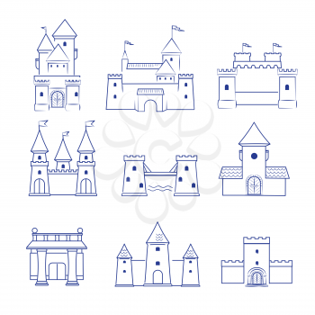Castles. Medieval old buildings ancient old tower architecture vector line drawn pictures collection. Castle tower, old ancient architecture, medieval building illustration