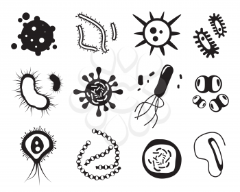 Microbes silhouettes. Bacteria and viruses biology pandemic icons set vector monochrome pictures. Illustration microscopic pandemic organism, coronavirus pathogen
