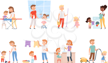 Children housework. Cleaning room washing appliance boys and girls helping parents vector cartoon people. Children helping parent, cleaning and housekeeper illustration