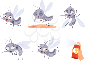 Mosquito cartoon. Warning flying insects dangerous little animals vector illustrations. Insect animal bite, pest gnat and mosquito collection