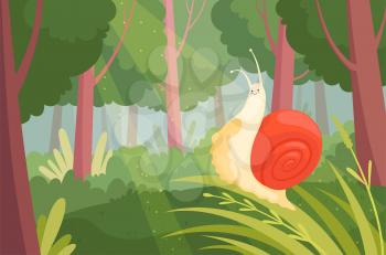 Snails in wood. Slime slow moving on green grass in wood nature animal garden snail vector illustration. Snail in forest, animal character floral, graphic slug
