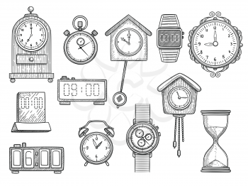 Doodle clocks. Watches timer alarm vector drawings illustrations set. Clock and stopwatch, hand outline doodle