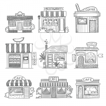 Cafe buildings. Hand drawn shop restaurants small vector buildings set. Illustration building architecture, sketch storefront, facade and showcase