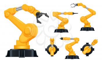 Industrial hands. Factory automatically robots for manufacturing processes smart help systems vector realistic. Process arm work robotic engineering automation illustration