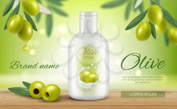 Olive cosmetics. Promotional banners beauty woman natural face skin care protection oil vitamin vector template. Facial olive lotion, fresh realistic cosmetic illustration