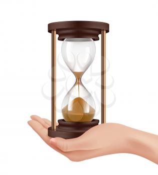Sand watches in hand. Time management concept realistic hand and historical retro clocks vector illustration. Hourglass time, timer clock sandglass