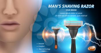 Razor ads. Advertizing poster of blades for woman depilation sharp shaves vector background. Illustration shave ad, face male and razor