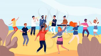 Beach dance party. Happy crowd of people dancing near ocean. Teens free time and lifestyle. Vacations, travel or tourism vector illustration. Beach party summer, music and dance group