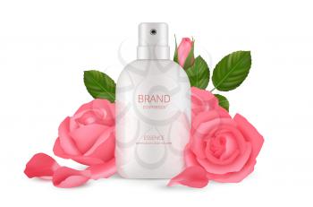 Cosmetics concept. Realistic cream bottle with roses. Isolated pink floral petals and white packaging vector mockup. Product cosmetic liquid, pink rose and bottle illustration
