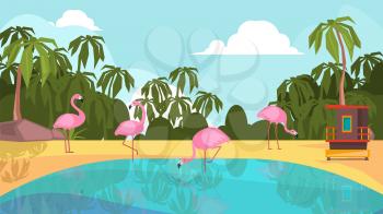 Flamingo park. Pink exotic birds on lake. Camping, beach vacation or tourism vector illustration. Flamingo bird, park paradise exotic zoo