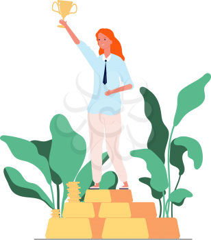 Woman winner. Businesswoman on pedestal with golden cup. Victory vector concept. Leadership achievement, woman with trophy on pedestal illustration
