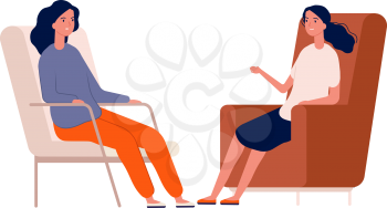 Friends talking. Girls meeting, woman has problems. Psyhotherapy, psyhologist and patient vector illustration. Psychotherapy and psychology, woman problem