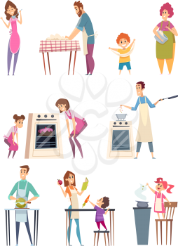 Family cooking. Happy characters couple parents kids preparing food bakery professional chef in kitchen vector. Family happy cooking, cook together at kitchen illustration
